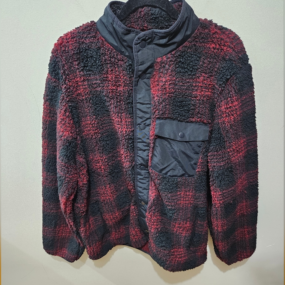 Goodfellow Red Black Plaid Fleece Button Down Men's Teddy Jacket Size Large
